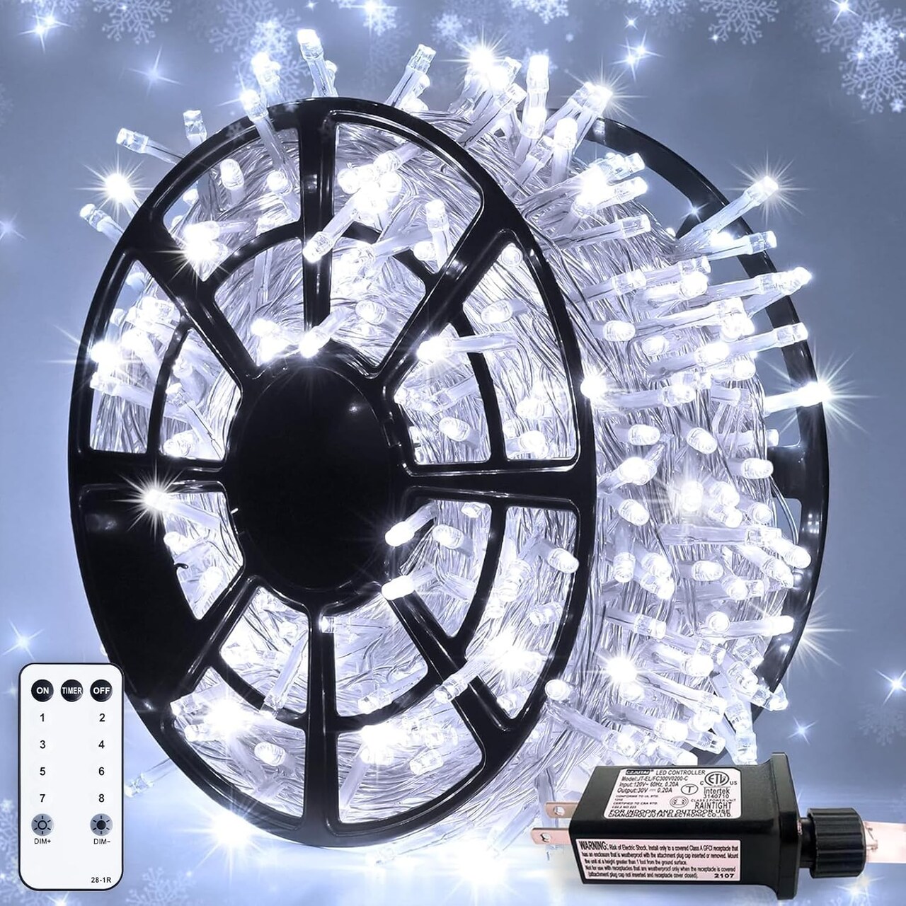 500 LED White Christmas Lights, 8 Modes 163ft Waterproof Christmas Light Outdoor Plug in with Remote Control, Clear Wire String Lights for Tree Outside